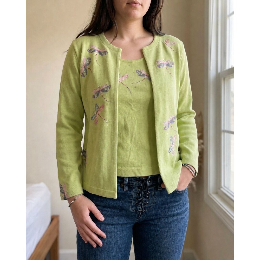Quaker Factory Green Dragonfly Embroidered Sweater w/ Tank | 100% Cotton Size M